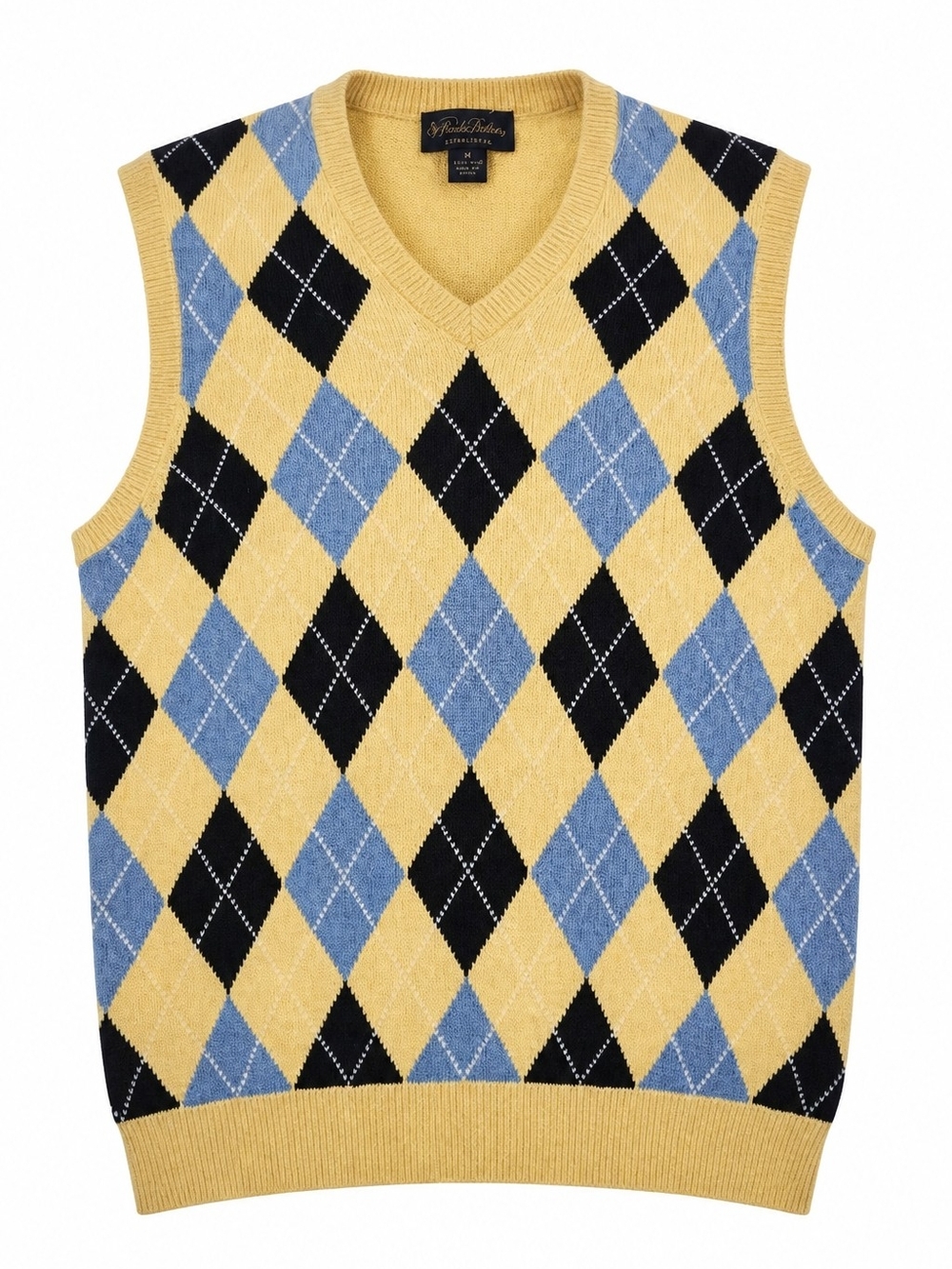 Brooks Brothers Yellow, Blue & Black Argyle V-Neck Sweater Vest